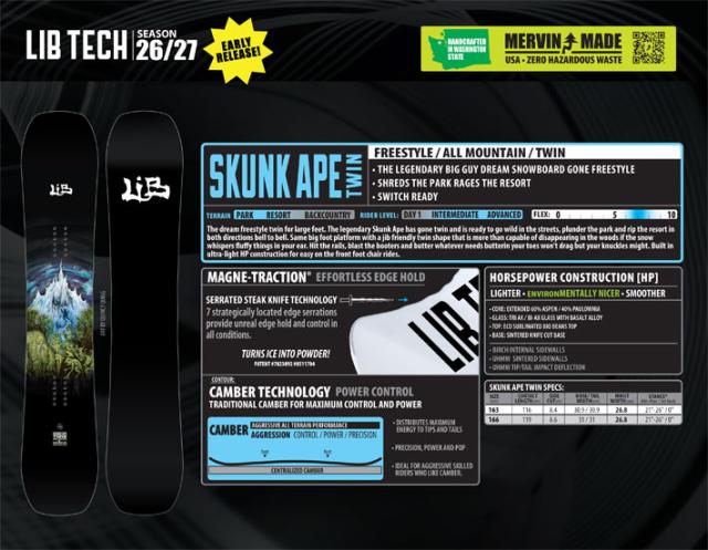 EARLY MODEL 26-27 LIB TECH リブテック スノーボード SKUNK APE TWIN 163W 166W メンズ 板 2026 2027_2