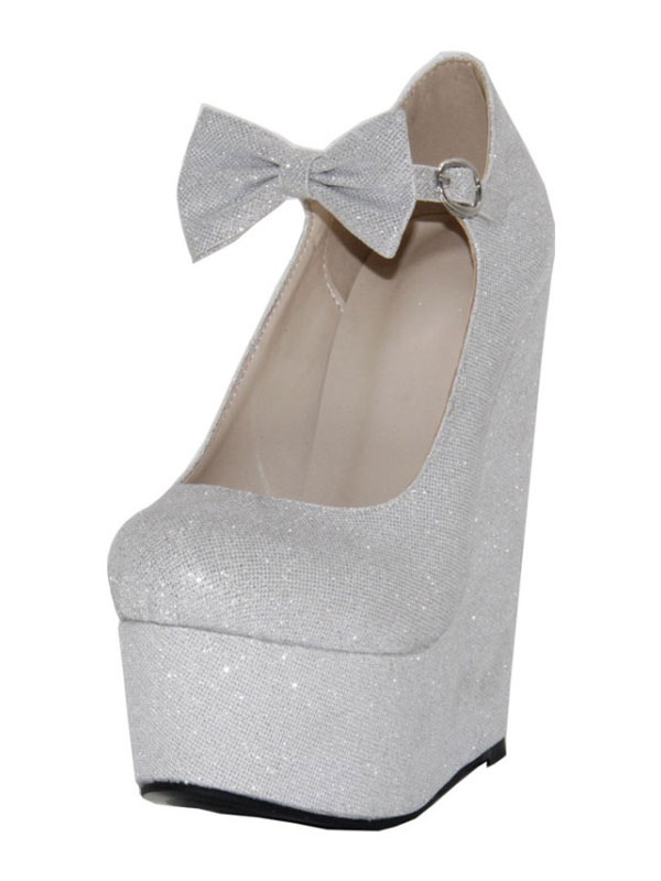 ウェッジパンプス シルバー 無地 ラウンドトゥ スパンコール ウェッジ