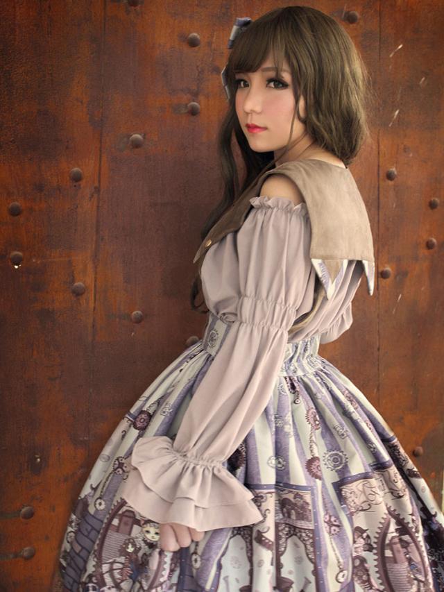 スチームパンクロリータブラウス猫長袖のオフ肩フリルシルク姫袖ロリータトップ弓 スチームパンクロリータブラウス猫長袖のオフ肩フリルシルク姫袖