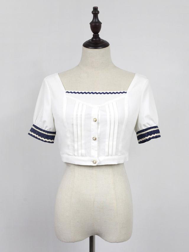 ロリィタブラウスホワイトポリエステルノースリーブVネックセーラー風2カラーブロック