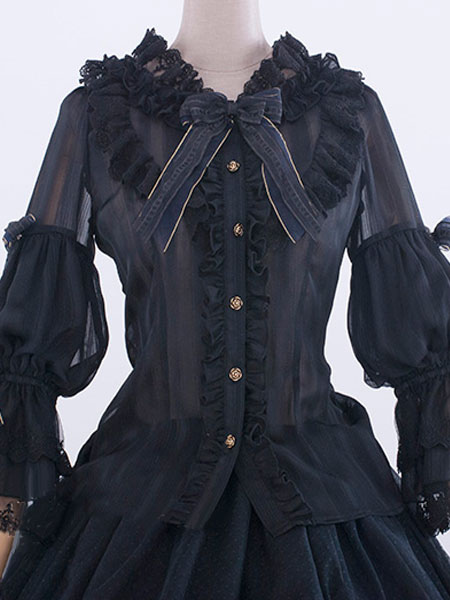 ロリィタブラウスシフォン長袖ラウンドネックお茶会ロココ調無地