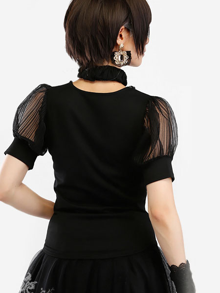 ロリィタブラウスブラックコットン半袖プリーツスクエアネックお茶会