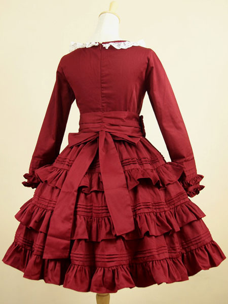 ロリィタ服 ワインレッド 無地 カジュアル ラウンドネック リボン 長袖