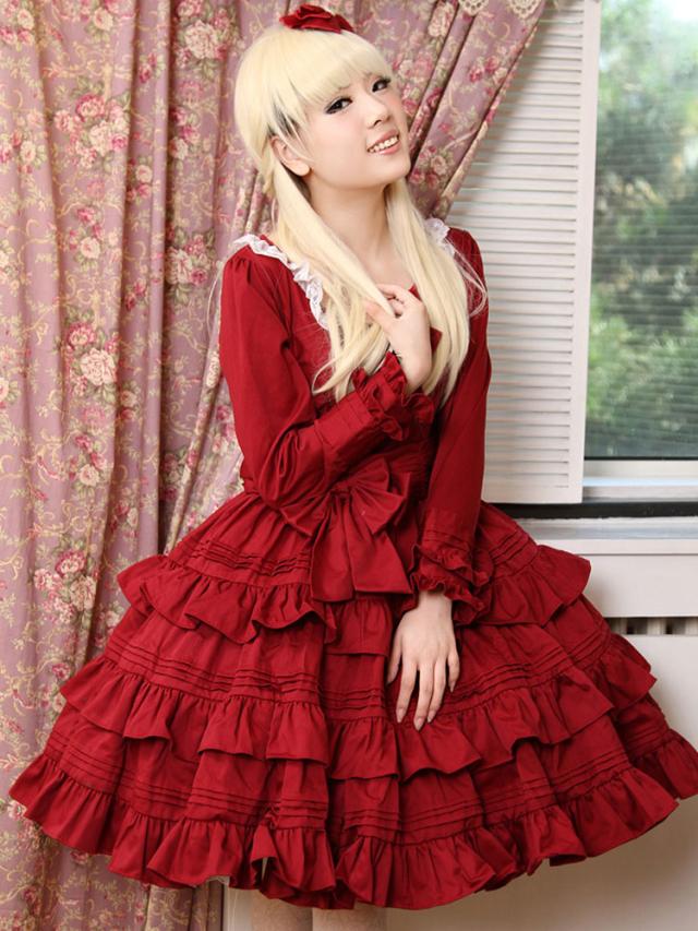 ロリィタ服　ワインレッド　無地　カジュアル　ラウンドネック　リボン　長袖　ドレス ロリィタ服 ワインレッド 無地 カジュアル ラウンドネック リボン 長袖