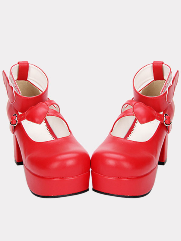 赤いロリータ分厚いポニーかかと靴プラットフォーム足首ストラップ ハート形の装飾バックル丸いつま先の通販は 7,067円