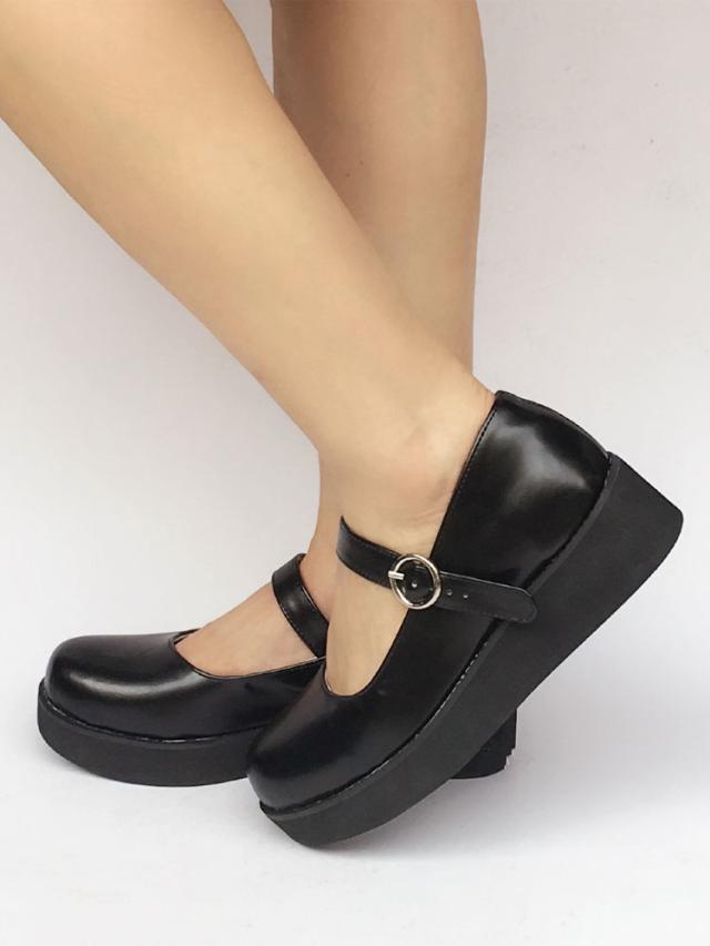 ロリィタ靴　ブラック　無地　ストリートウェア　丸いつま先　PU