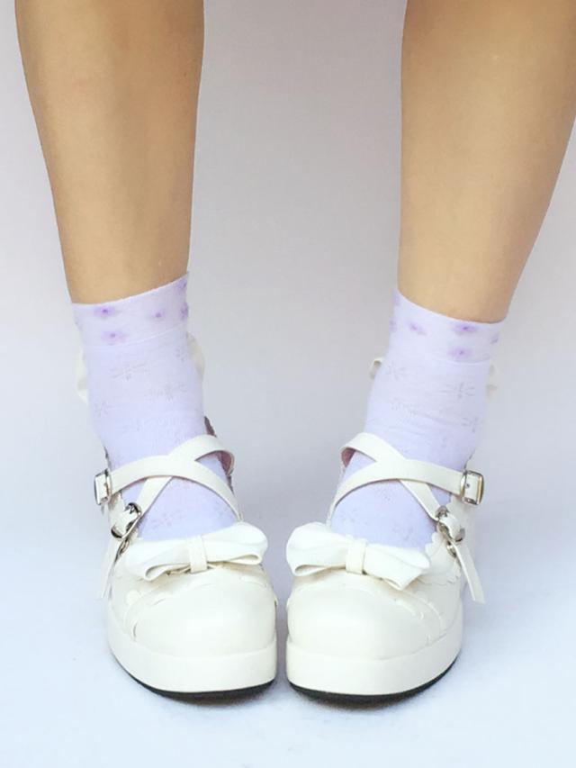 ホワイト ロリィタシューズ リボン柄 PU ストリートウェア 丸いつま先
