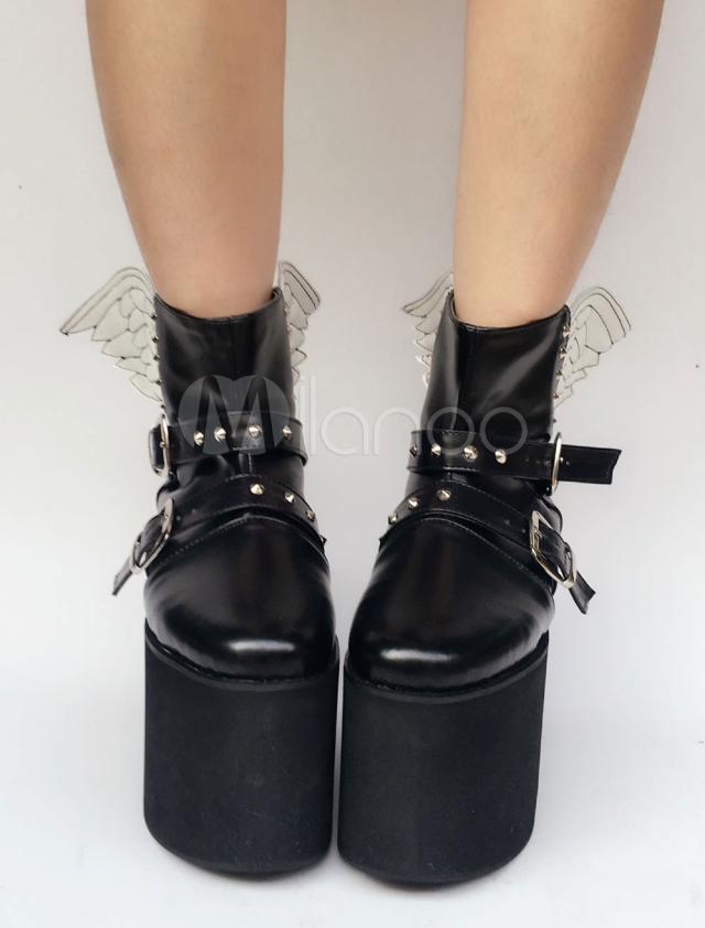 ロリィタシューズ　ブラック　2カラーブロック　ストリートウェア　丸いつま先　PU