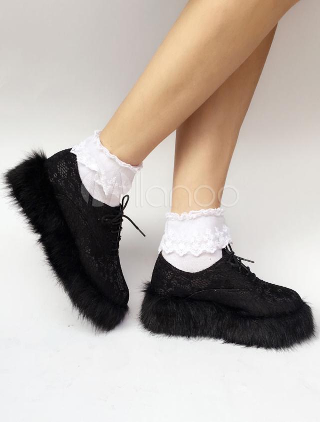 ブラック ロリィタシューズ 丸いつま先 PU ストリートウェア 動物柄