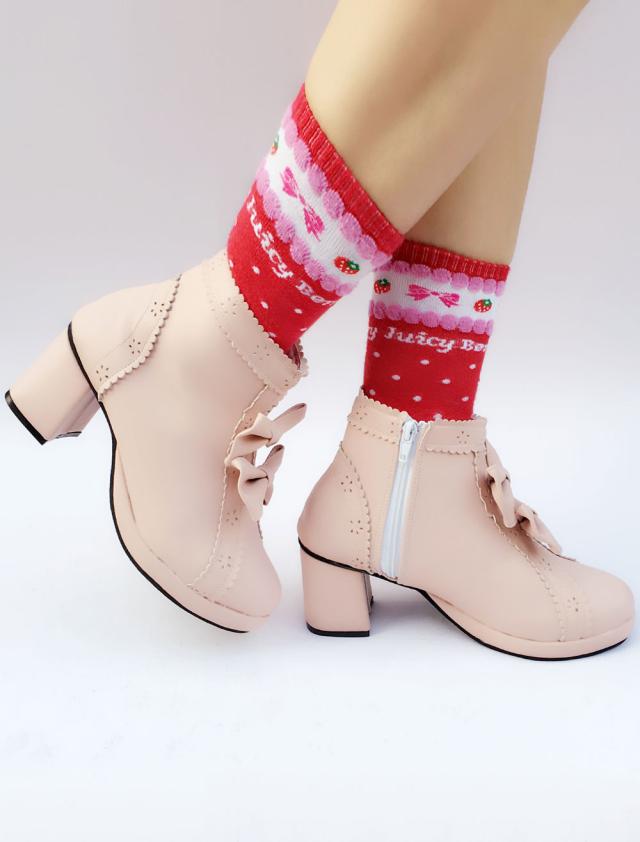 ロリィタシューズ ライトピンク リボン柄 ストリートウェア 丸いつま先 PU