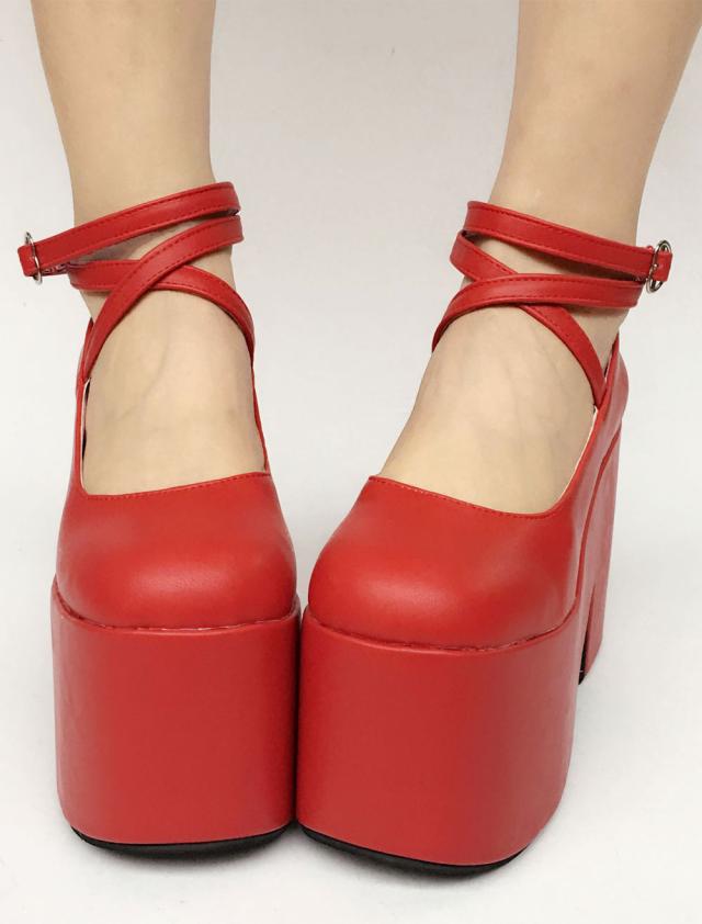 ロリィタシューズ　レッド　無地　PU　丸いつま先　ストリートウェア