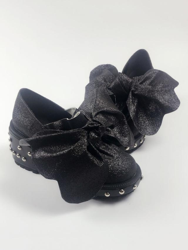 ロリィタシューズ ブラック 丸いつま先 PU パピーヒール リベット