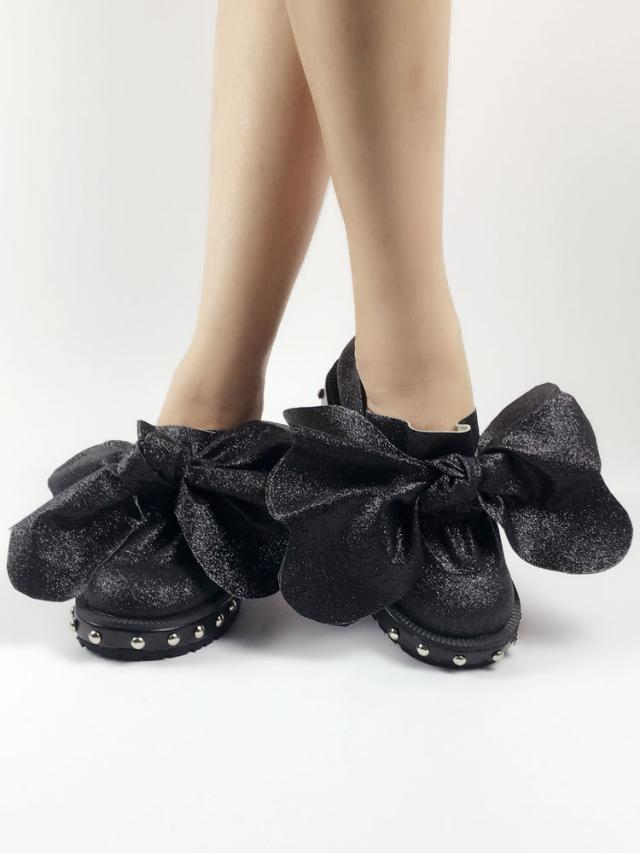 ロリィタシューズ ブラック 丸いつま先 PU パピーヒール リベット