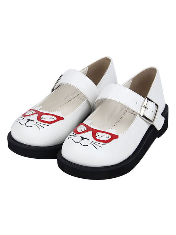 ロリィタ靴　ホワイト　ラウンドトゥ　お茶会　PU　動物柄