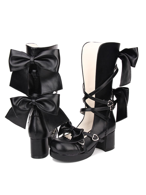 スウィートロリータシューズボウストラッピーチャンクハイヒールブラックPUロリータシューズ