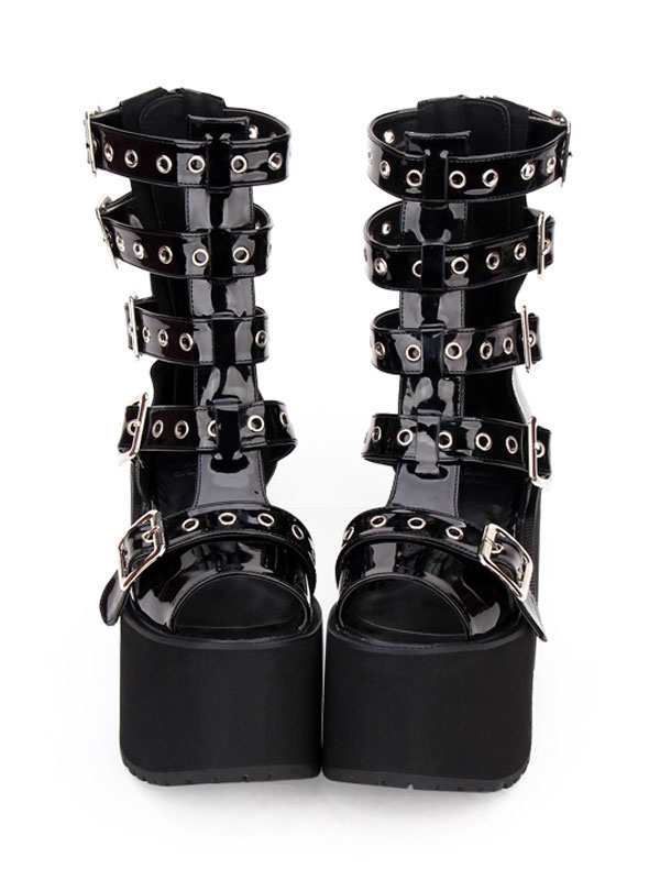 ゴシックロリータサンダルブーツグロメットメタリックバックルプラットフォームブラックロリータシューズの通販は 9,950円