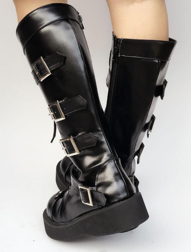 ロリータ ブラック ブーツ ロリータ ウェッジつま先バックル ショート