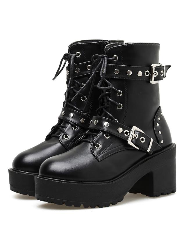 スチームパンクロリータブーツブラックラウンドトゥPUレザーロリータ靴