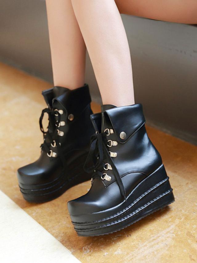 ゴシックロリータブーツウェッジホワイトレースアップラウンドトゥPUレザーロリータシューズ ゴシックロリータブーツウェッジホワイトレースアップラウンドトゥPU