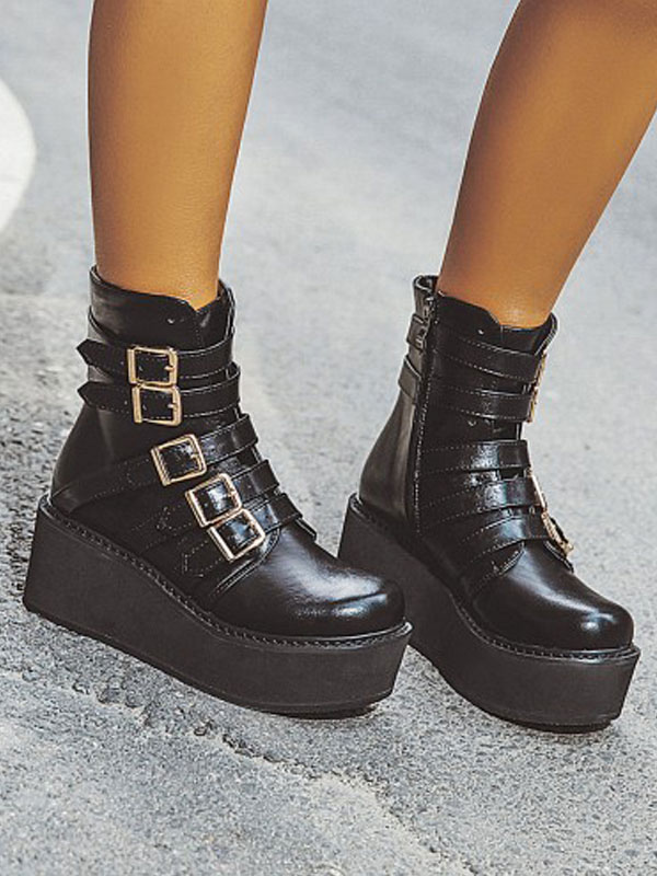 ゴシックロリータシューズブラックFlatformレースアップラウンドトゥPU