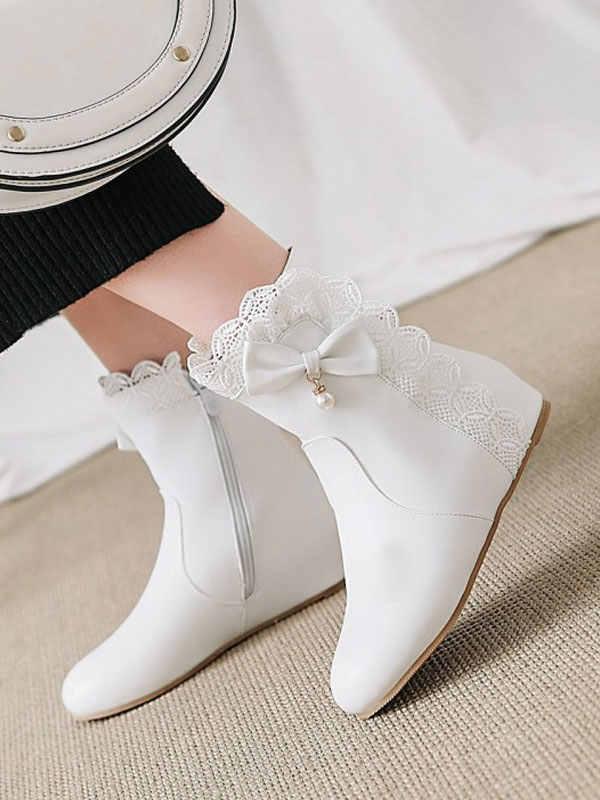 甘いロリータブーツはレースラウンドトゥロリータシューズブーティーを弓