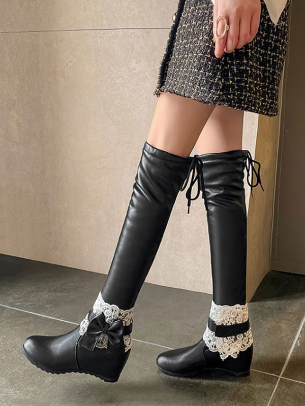 甘いロリータブーツレースボウ隠しヒールPUレザーラウンドトゥロリータ