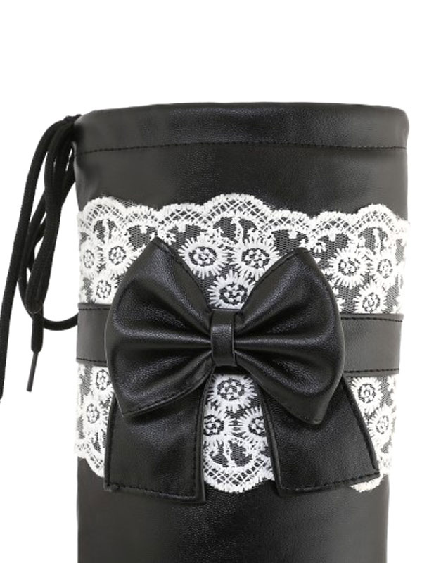 甘いロリータブーツレースボウ隠しヒールPUレザーラウンドトゥロリータ