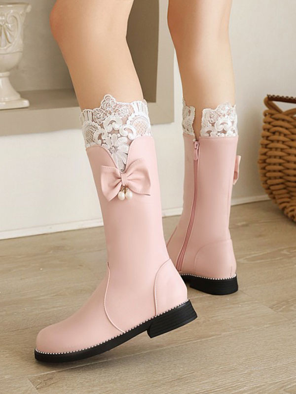 ロリータブーツレースボウフラットラウンドトゥPUレザーロリータシューズ ロリータブーツレースボウフラットラウンドトゥPUレザーロリータシューズ