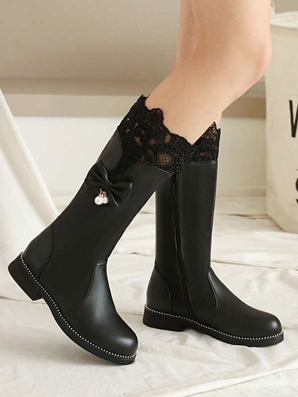 ロリータブーツレースボウフラットラウンドトゥPUレザーロリータシューズ