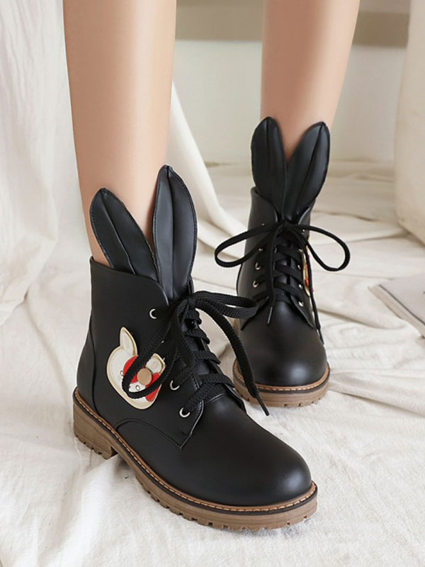 クラシックロリータブーツアプリコットラウンドトゥウサギPUレザー