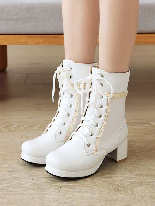 ロリータブーツピンクPUレザーラウンドトゥチャンキーヒールロリータ