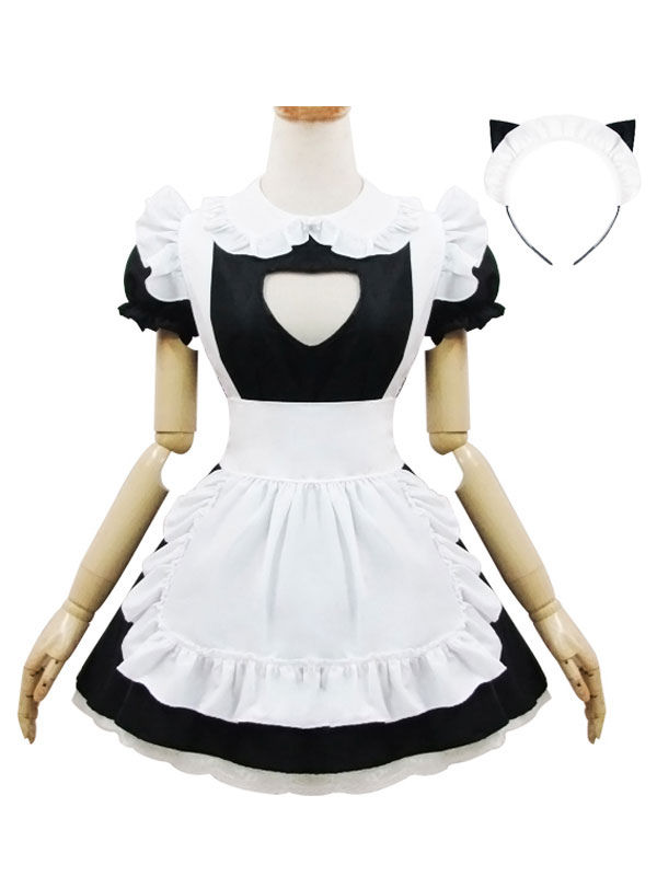 ロリィタ服　セット　ブラック　半袖　ポリエステル　2カラーブロック　ピーターパンカラー　メイド　カジュアル　エプロン&ドレス&髪飾の通販は