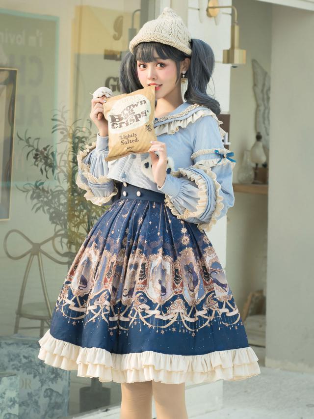 甘いロリータ衣装ベビーブルーアニマルプリントフリルボウロング