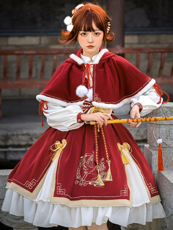 チャイニーズスタイルロリータ2ピースセット赤いレースアップポンポン弓長袖マントドレス衣装の通販は