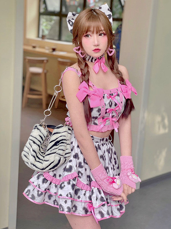 甘いロリータ衣装ピンクの弓フリルノースリーブトップスカート2ピースセット