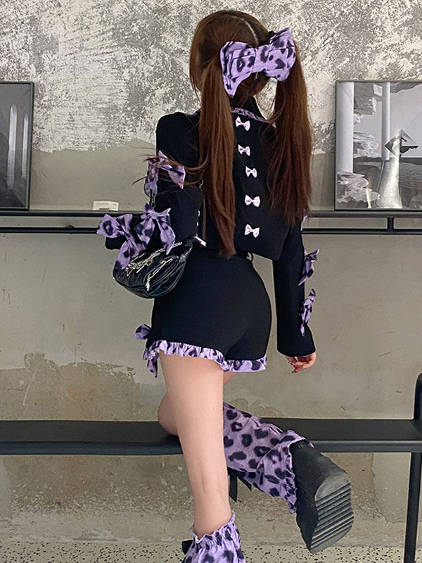 甘いロリータ衣装パープルボウフリルボウ長袖オーバーコートパンツチョーカー3点セット 甘いロリータ衣装パープルボウフリルボウ長袖オーバーコートパンツ