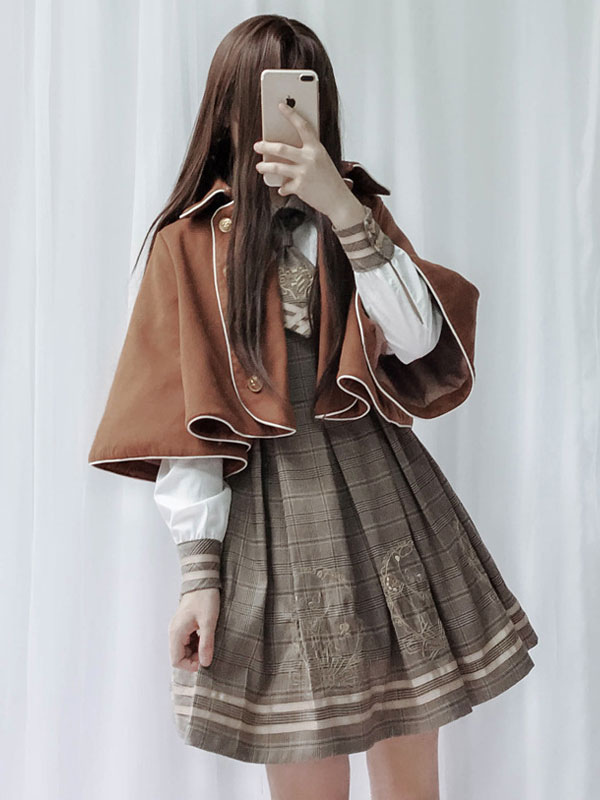 コーヒーブラウンロリータオーバーコートチェック柄ノースリーブドレスマントスウィートロリータケープの通販は