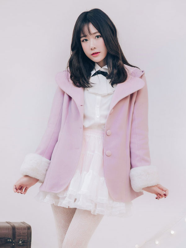 ロリィタアウターウェア　コート　ツイード　カジュアル　スウィート　長袖　フード付き　2カラーブロック