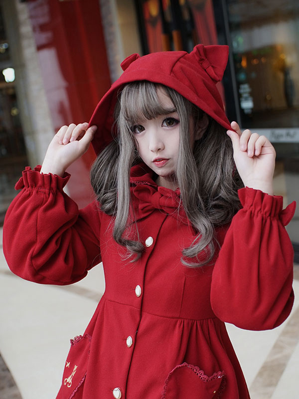 ロリィタコート　アウターウェア　ダークレッド　ギャバジン　お茶会　スウィート　長袖　フード付き　無地 ロリィタコート アウターウェア ダークレッド ギャバジン お茶会