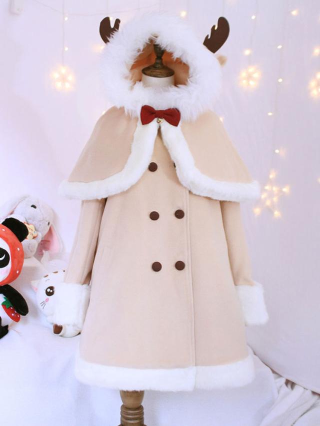 ロリィタアウターウェア　コート　カーキ　毛織物　お茶会　スウィート　長袖　フード付き　2カラーブロック