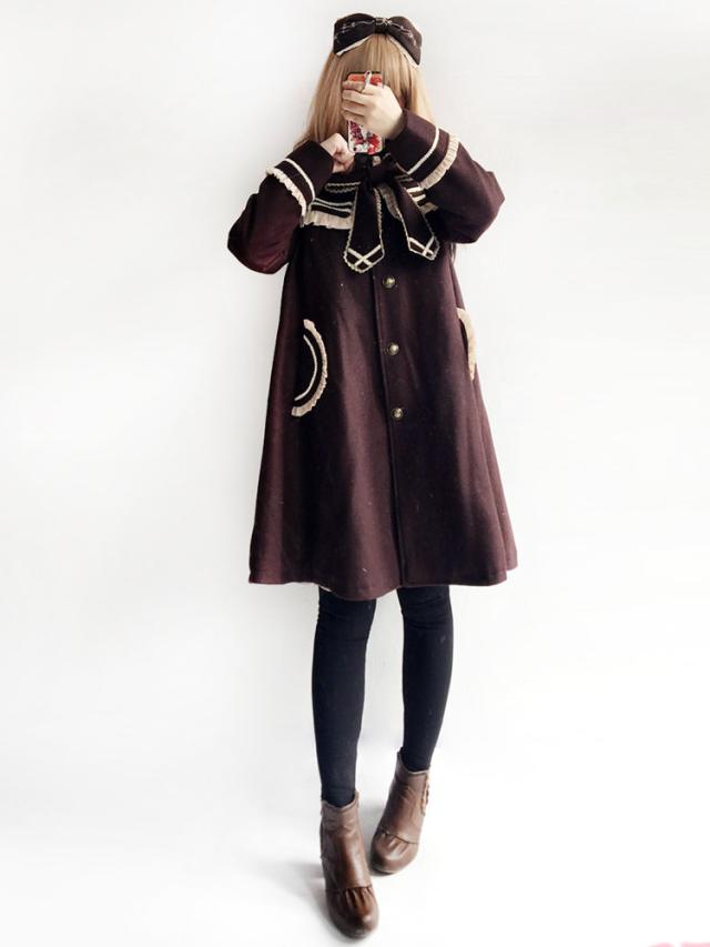 セーラーロリータコートインファンター2トーンちょう結びツイードダークブラウンロリータオーバーコート