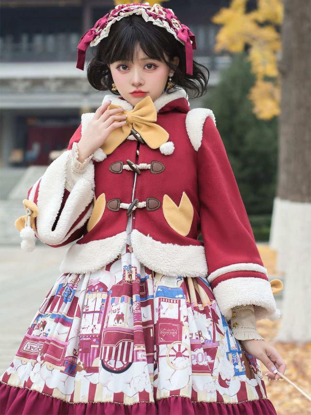 甘いロリータコート赤いツイードコート結び目のある弓オーバーコートポリエステル冬のロリータ服の通販は