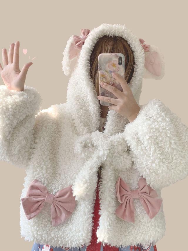 ホワイトロリータコートポンポンボウポリエステルオーバーコートカラーブロックボウロリータアウトウェア