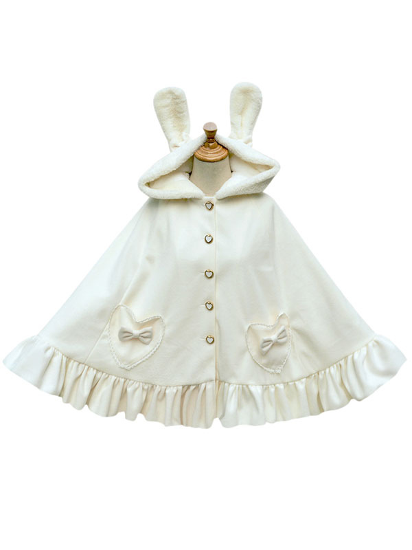 ロリィタケープ　無地　ホワイト　スウィート　フリル　ウサギ　毛織物　お茶会