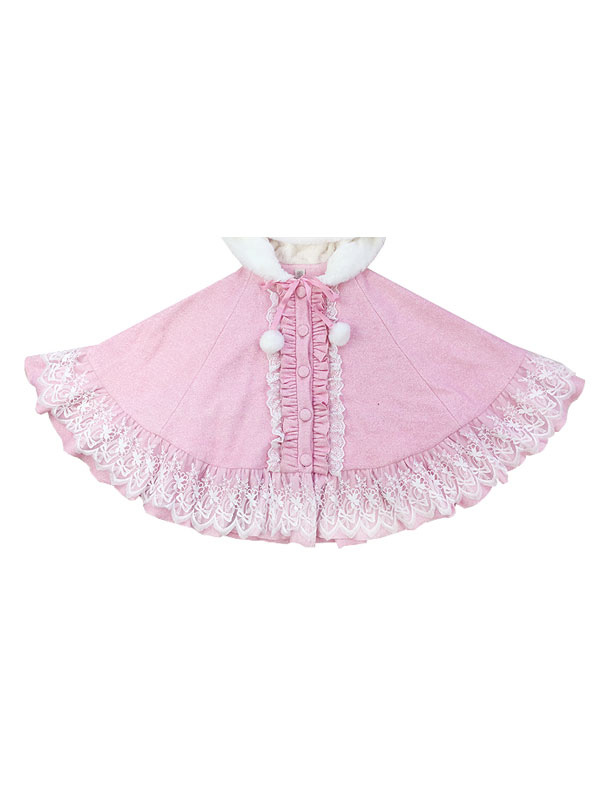 ロリィタケープ ピンク フリル スウィート 猫耳 毛織物 お茶会 2カラー