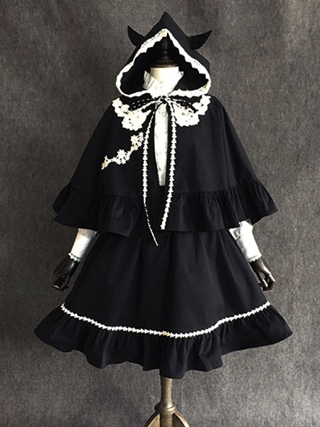 ゴシックロリータポンチョリトルデビルレーストリム耳付きコットンブラックロリータケープの通販は
