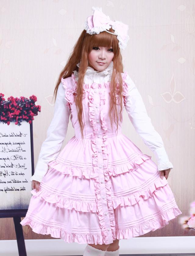 ロリータジャンパースカート，ピンク　ティアド　ラッフル　クラシック＆トラディション　コットン