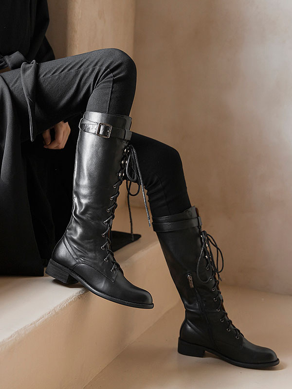 ロングブーツ ラウンドトゥ レディースブーツ パピーヒール ブラック  牛革 シューズ 3.5cm バックル 無地 レースアップ