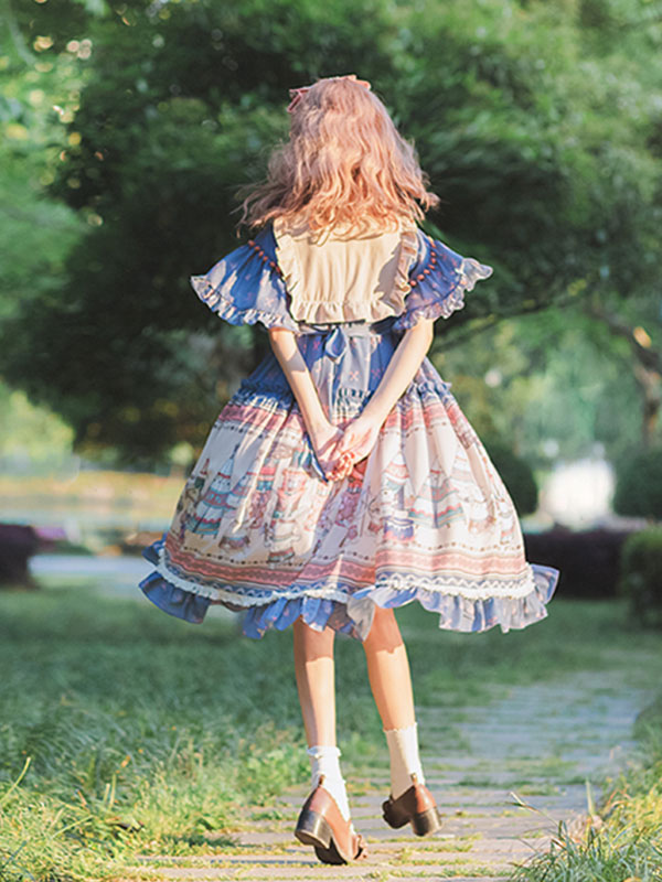 甘いロリータOPドレスシフォン長袖ボウフリルバニーパターンロリータ