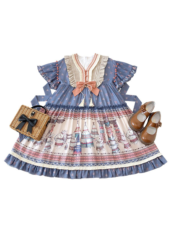 甘いロリータOPドレスシフォン長袖ボウフリルバニーパターンロリータ